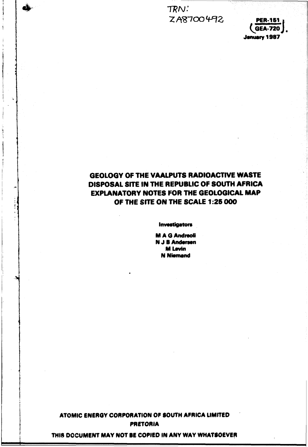 (J3ea-72Oj. GEOLOGY of the VAALPUTS RADIOACTIVE WASTE