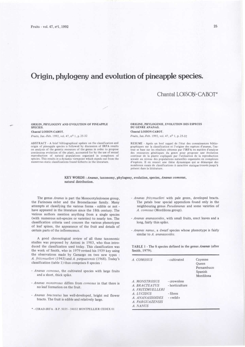 Origin, Phylogeny and Evolution of Pineapple Species