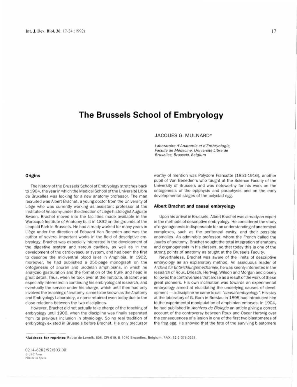 The Brussels School of Embryology