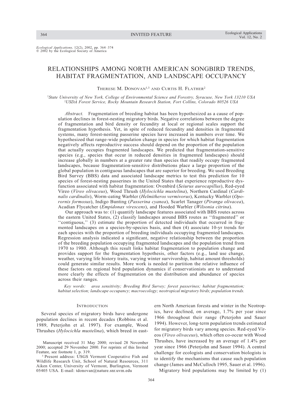 Relationships Among North American Songbird Trends, Habitat Fragmentation, and Landscape Occupancy