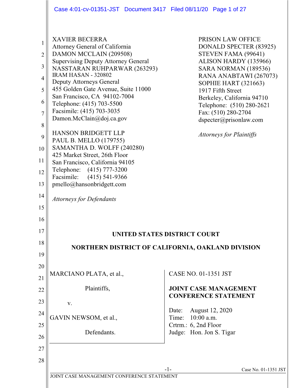 Case 4:01-Cv-01351-JST Document 3417 Filed 08/11/20 Page 1 of 27