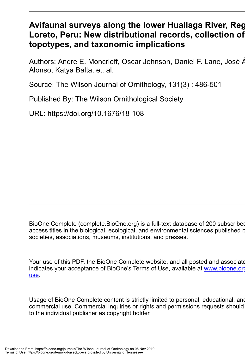 Avifaunal Surveys Along the Lower Huallaga River, Region of Loreto, Peru: New Distributional Records, Collection of Topotypes, and Taxonomic Implications