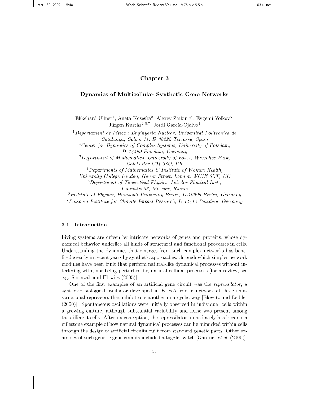 Chapter 3 Dynamics of Multicellular Synthetic Gene Networks