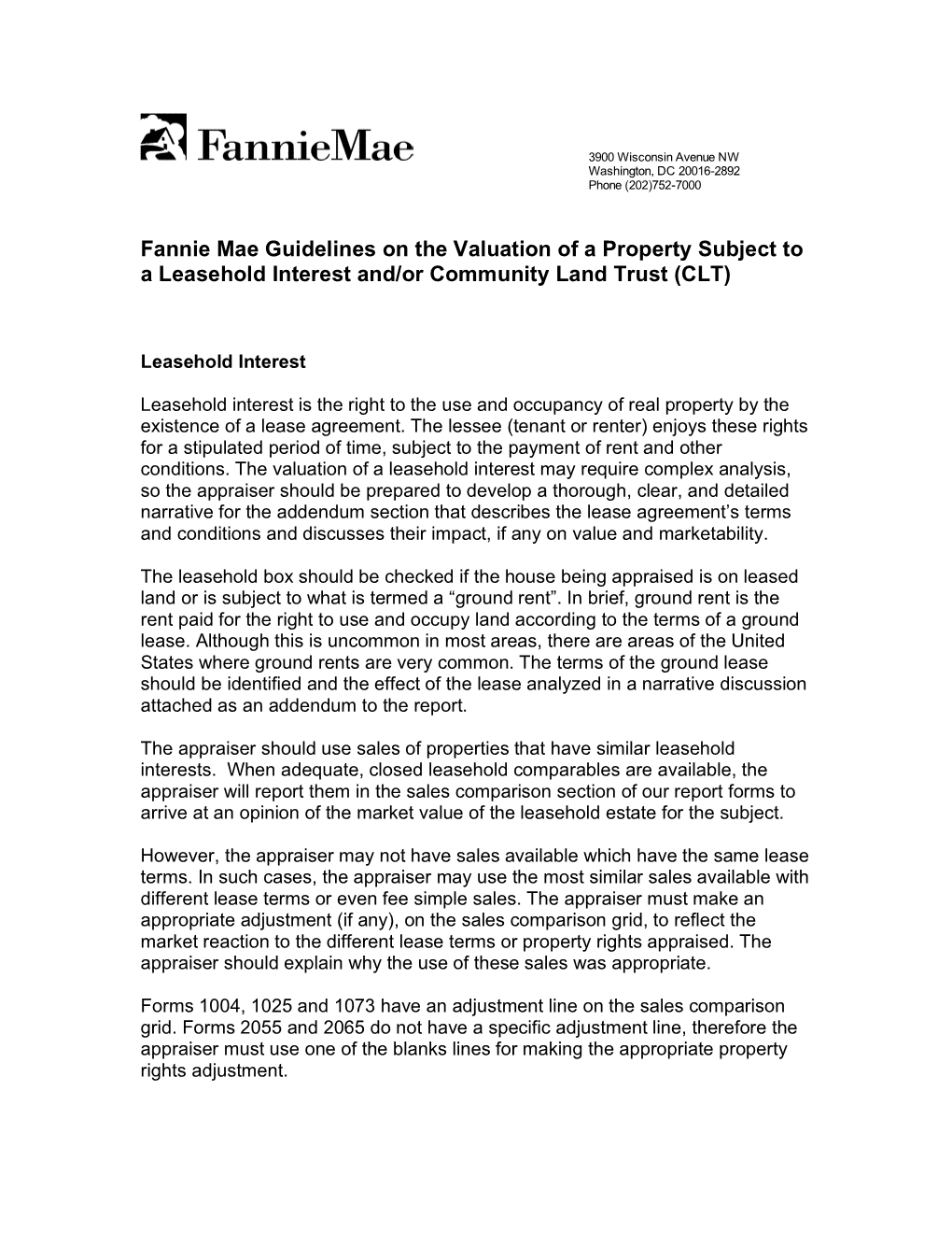 Fannie Mae Guidelines on the Valuation of a Property Subject to a Leasehold Interest And/Or Community Land Trust (CLT)