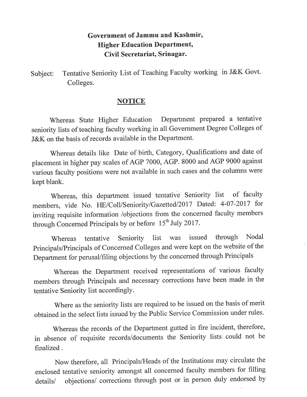 Tentative Seniority List of Teaching Faculty Working in J&K Govt