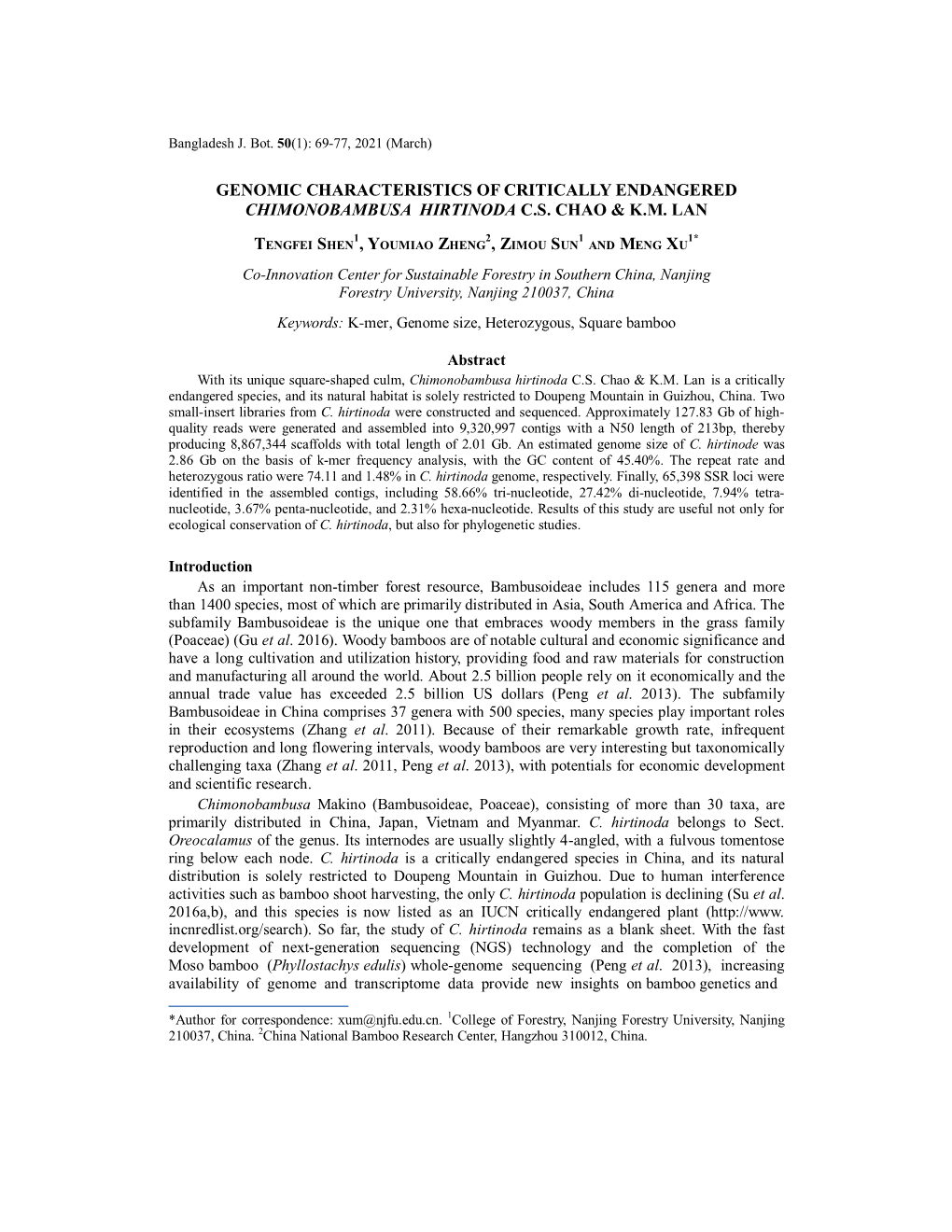 Genomic Characteristics of Critically Endangered Chimonobambusa Hirtinoda C.S