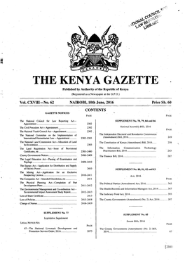 THE.. KENYA GAZETTE• Published by Authority of the Republic of Kenya (Registered As a Newspaper at the G.P.O.)