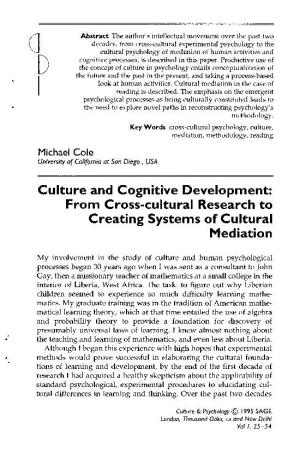 Culture and Cognitive Development: from Cross-Cultural Research to Creating Systems of Cultural Mediation