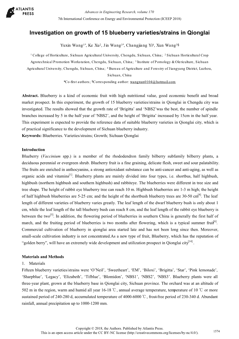 Investigation on Growth of 15 Blueberry Varieties/Strains in Qionglai