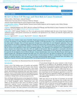 Review on Stem Cell Therapy and Their Role in Cancer Treatment