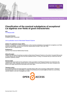 Classification of the Maximal Subalgebras of Exceptional Lie Algebras Over Fields of Good Characteristic