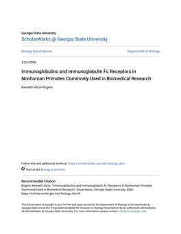 Immunoglobulins and Immunoglobulin Fc Receptors in Nonhuman Primates Commonly Used in Biomedical Research