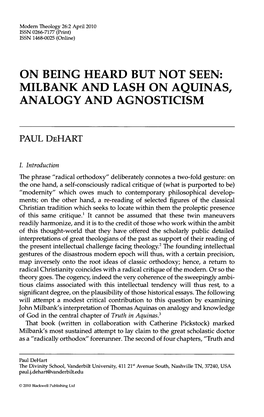 On Being Hearp but Not Seen: Milbank and Lash on Aquinas, Analogy and Agnosticism