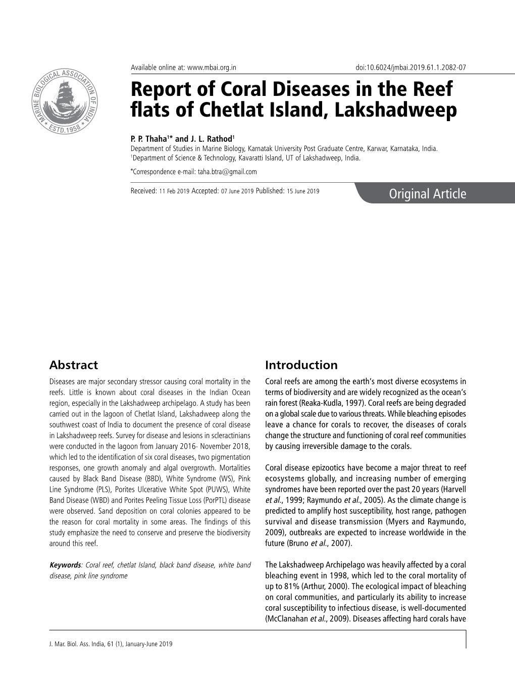 Report of Coral Diseases in the Reef Flats of Chetlat Island, Lakshadweep