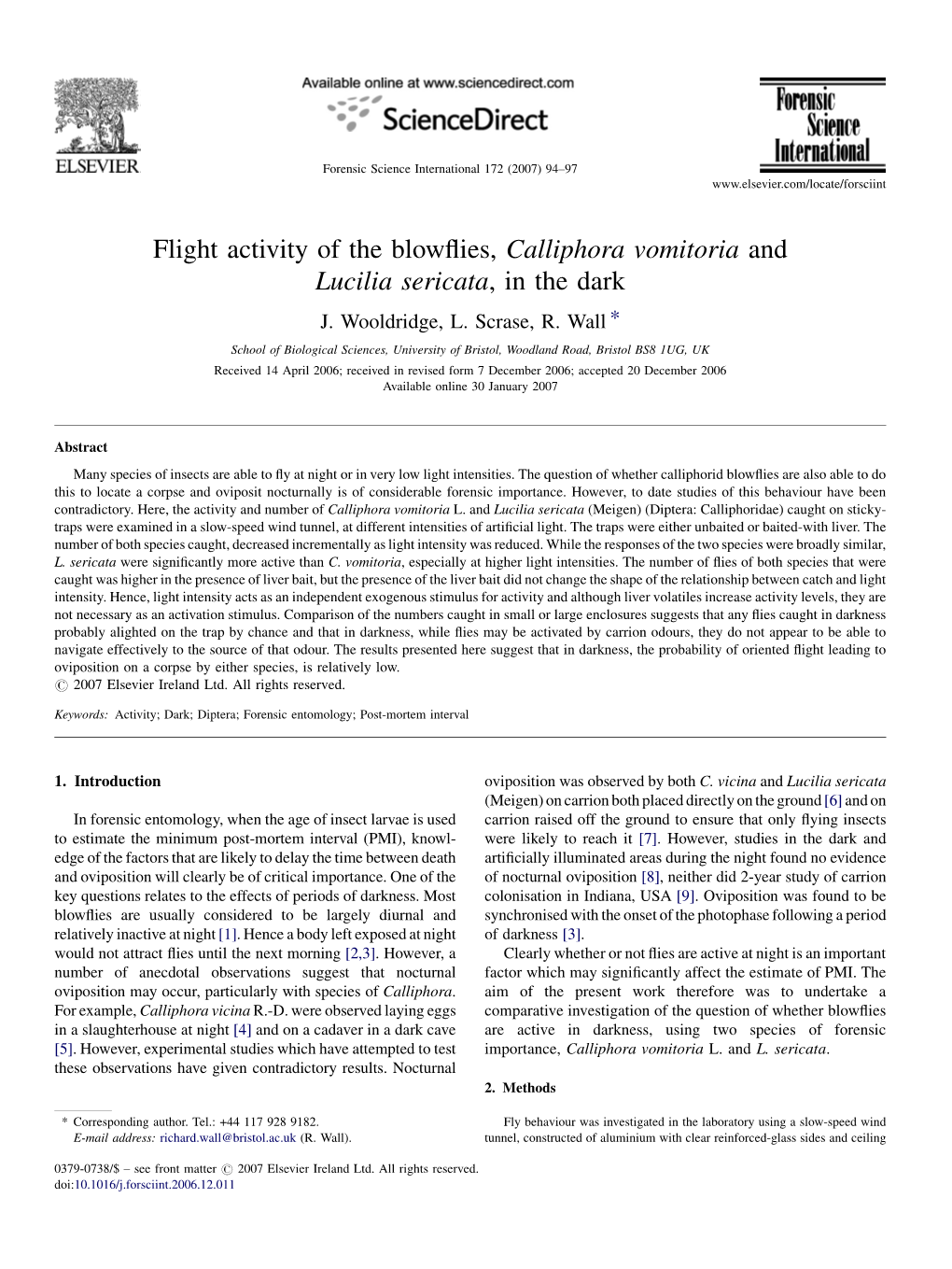 Flight Activity of the Blowflies, Calliphora Vomitoria and Lucilia Sericata, in the Dark