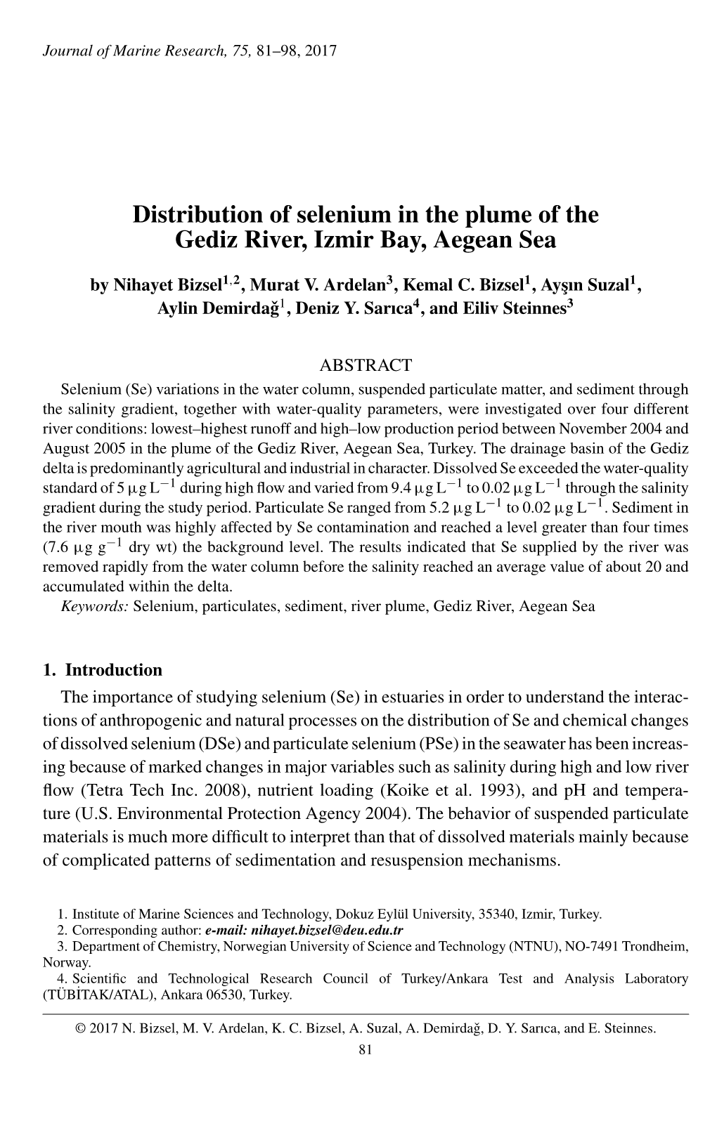 Distribution of Selenium in the Plume of the Gediz River, Izmir Bay, Aegean Sea