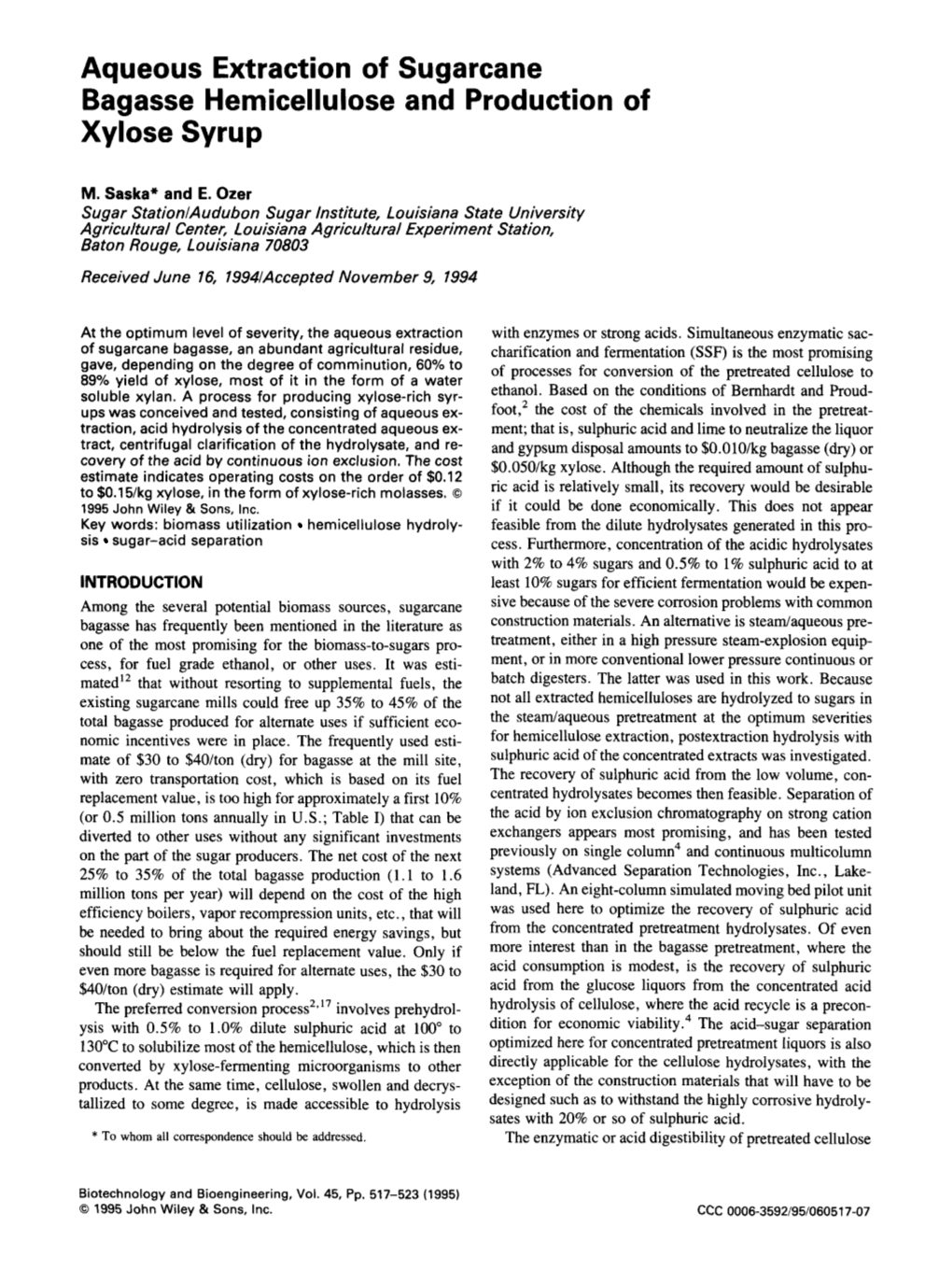 Aqueous Extraction of Sugarcane Bagasse Hemicellulose and Production of Xylose Syrup