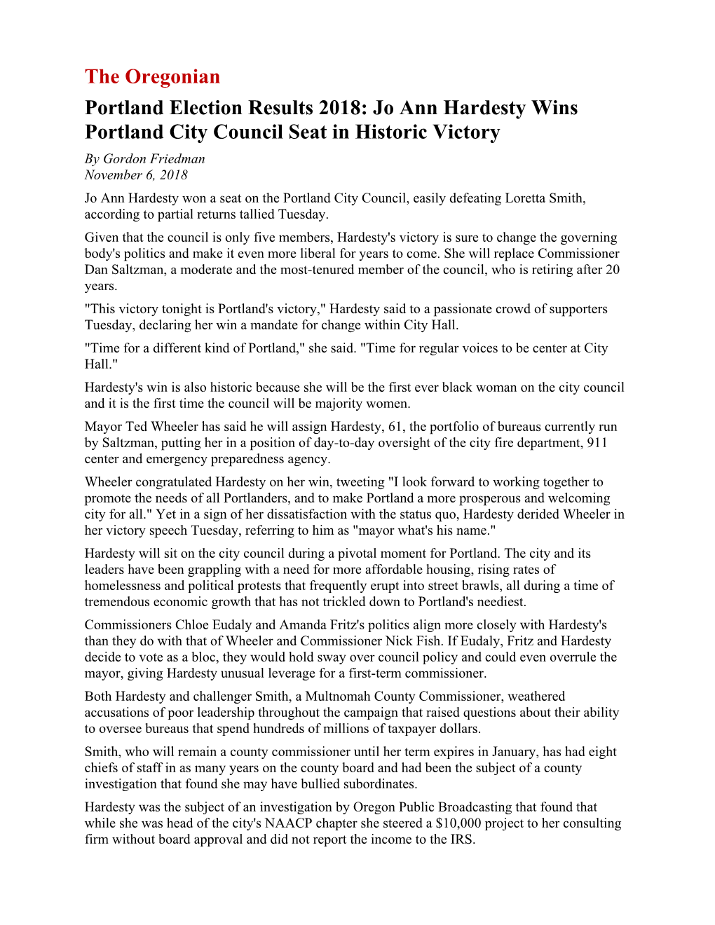 Jo Ann Hardesty Wins Portland City Council