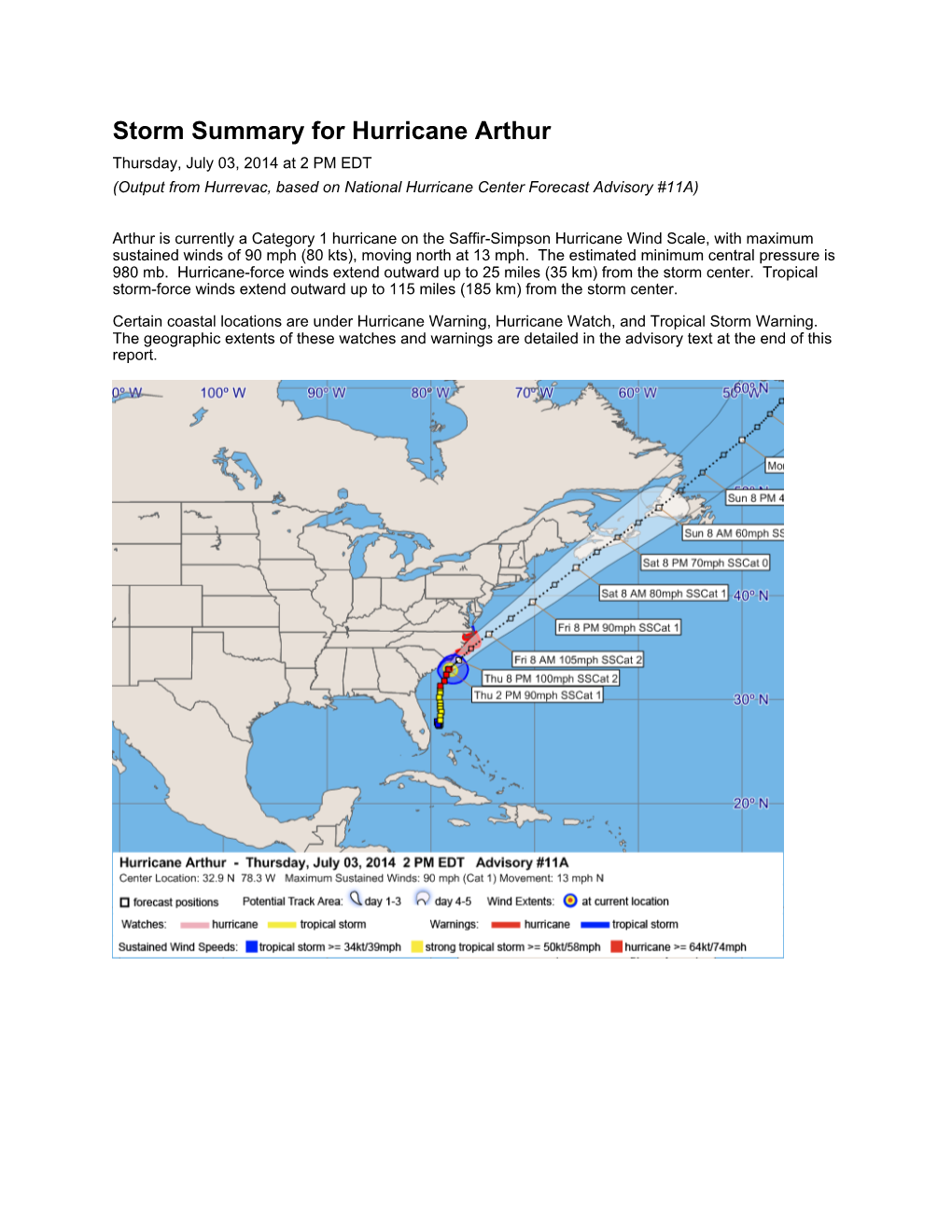 Storm Summary for Hurricane Arthur Thursday, July 03, 2014 at 2 PM EDT (Output from Hurrevac, Based on National Hurricane Center Forecast Advisory #11A)