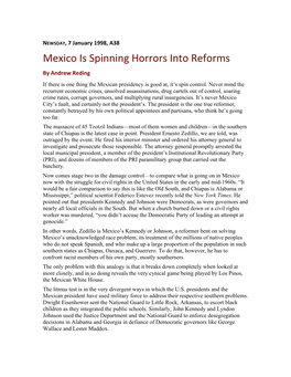 Mexico Is Spinning Horrors Into Reforms by Andrew Reding If There Is One Thing the Mexican Presidency Is Good At, It’S Spin Control