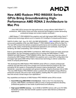 New AMD Radeon PRO W6000X Series Gpus Bring Groundbreaking High- Performance AMD RDNA 2 Architecture to Mac Pro