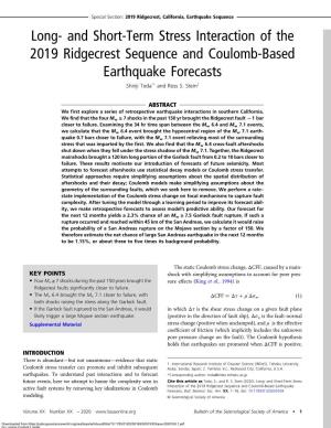 And Short-Term Stress Interaction of the 2019 Ridgecrest Sequence and Coulomb-Based Earthquake Forecasts Shinji Toda*1 and Ross S