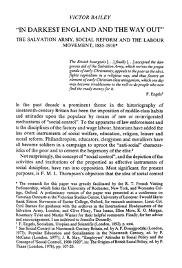 "In Darkest England and the Way Out" the Salvation Army, Social Reform and the Labour Movement, 1885-1910*