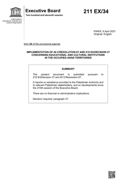 Implementation of 40 C/Resolution 67 and 210 Ex/Decision 37 Concerning Educational and Cultural Institutions in the Occupied Arab Territories