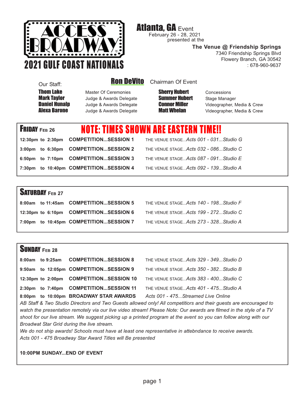 2021 Gulf Coast Nationals Note: Times Shown Are