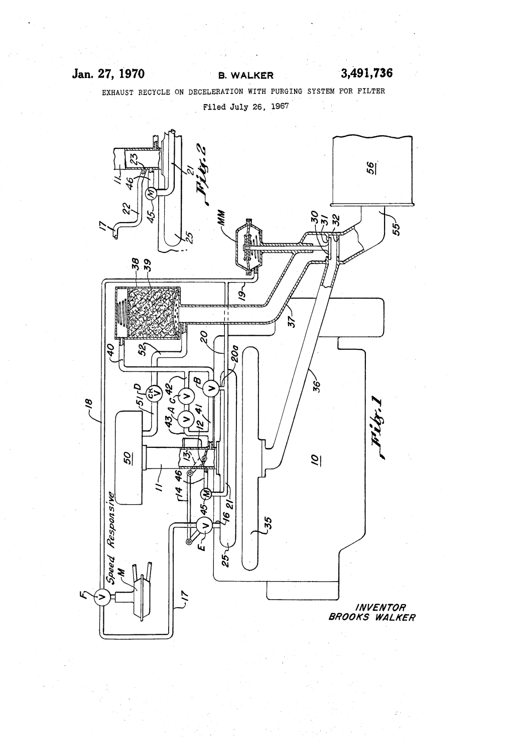 Jan. 27, 1970 B, WAKER 3,491,736 EXHAUST RECYCLE on DECELERATION with PURGING SYSTEM for FILTER Filed July 26, 1967