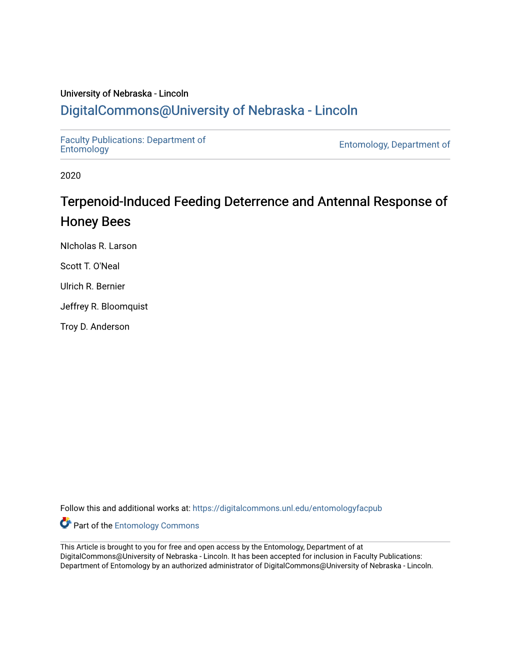 Terpenoid-Induced Feeding Deterrence and Antennal Response of Honey Bees