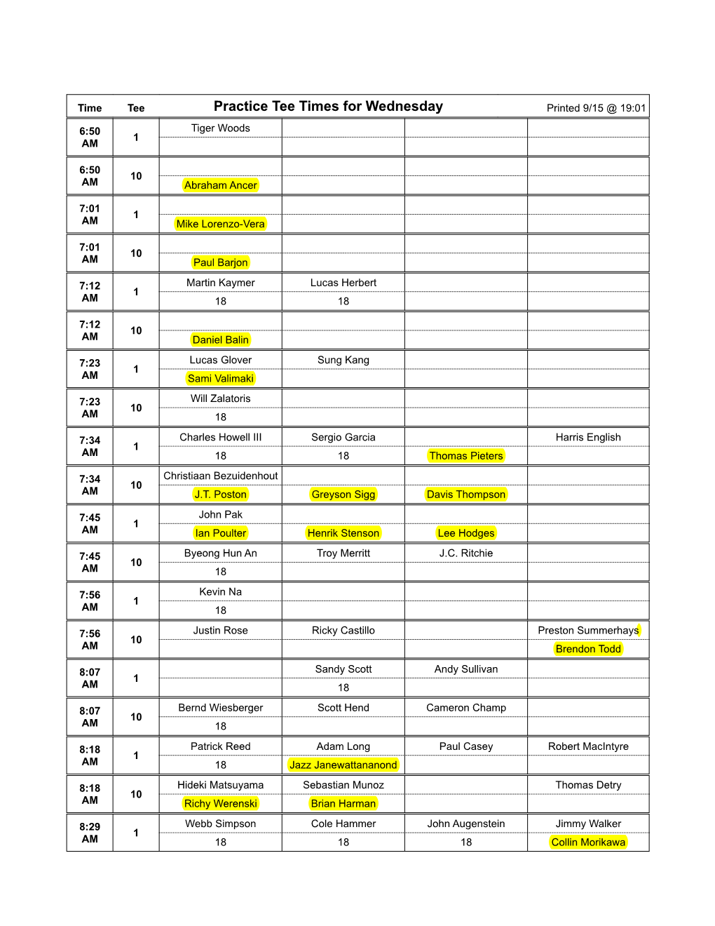 Practice Tee Times for Wednesday Printed 9/15 @ 19:01