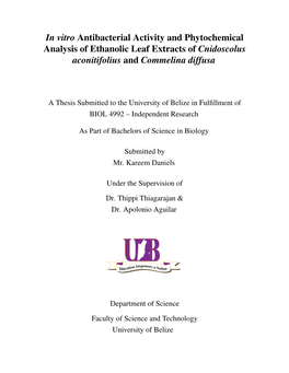 In Vitro Antibacterial Activity and Phytochemical Analysis of Ethanolic Leaf Extracts of Cnidoscolus Aconitifolius and Commelina Diffusa