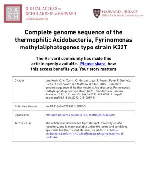 Complete Genome Sequence of the Thermophilic Acidobacteria, Pyrinomonas Methylaliphatogenes Type Strain K22T