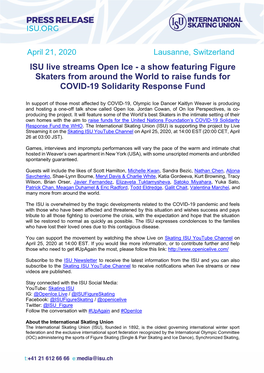 ISU Live Streams Open Ice - a Show Featuring Figure Skaters from Around the World to Raise Funds for COVID-19 Solidarity Response Fund