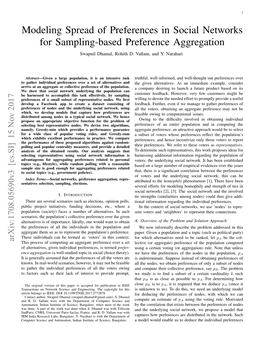 Modeling Spread of Preferences in Social Networks for Sampling-Based Preference Aggregation Swapnil Dhamal, Rohith D