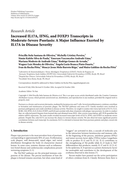 Research Article Increased IL17A, IFNG, and FOXP3 Transcripts in Moderate-Severe Psoriasis: a Major Influence Exerted by IL17A in Disease Severity