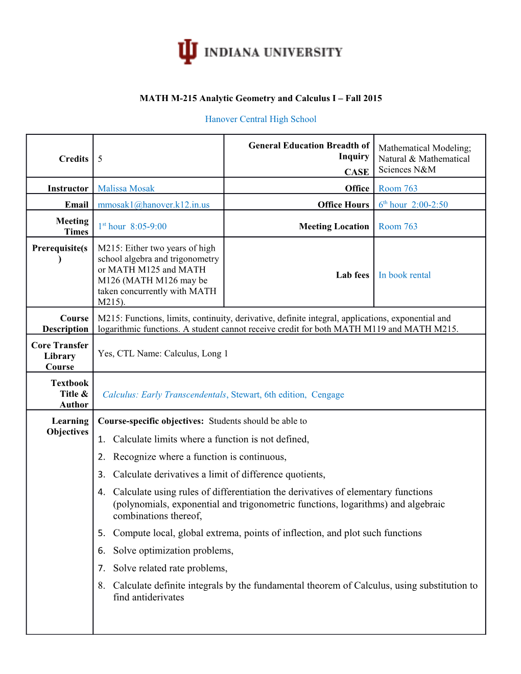 MATH M-215 Analytic Geometry and Calculus I Fall 2015