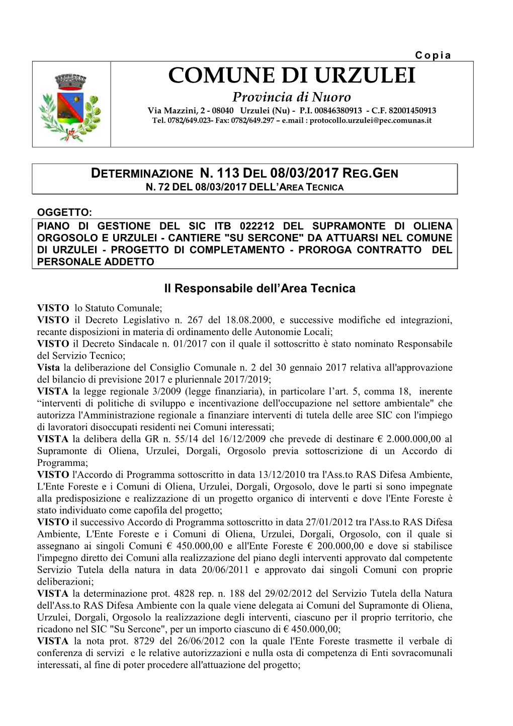 COMUNE DI URZULEI Provincia Di Nuoro Via Mazzini, 2 - 08040 Urzulei (Nu) - P.I