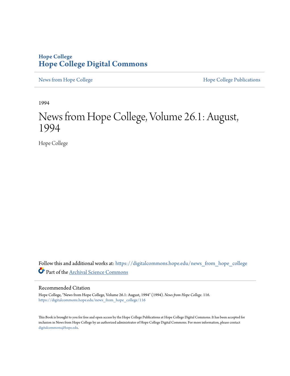 News from Hope College, Volume 26.1: August, 1994 Hope College