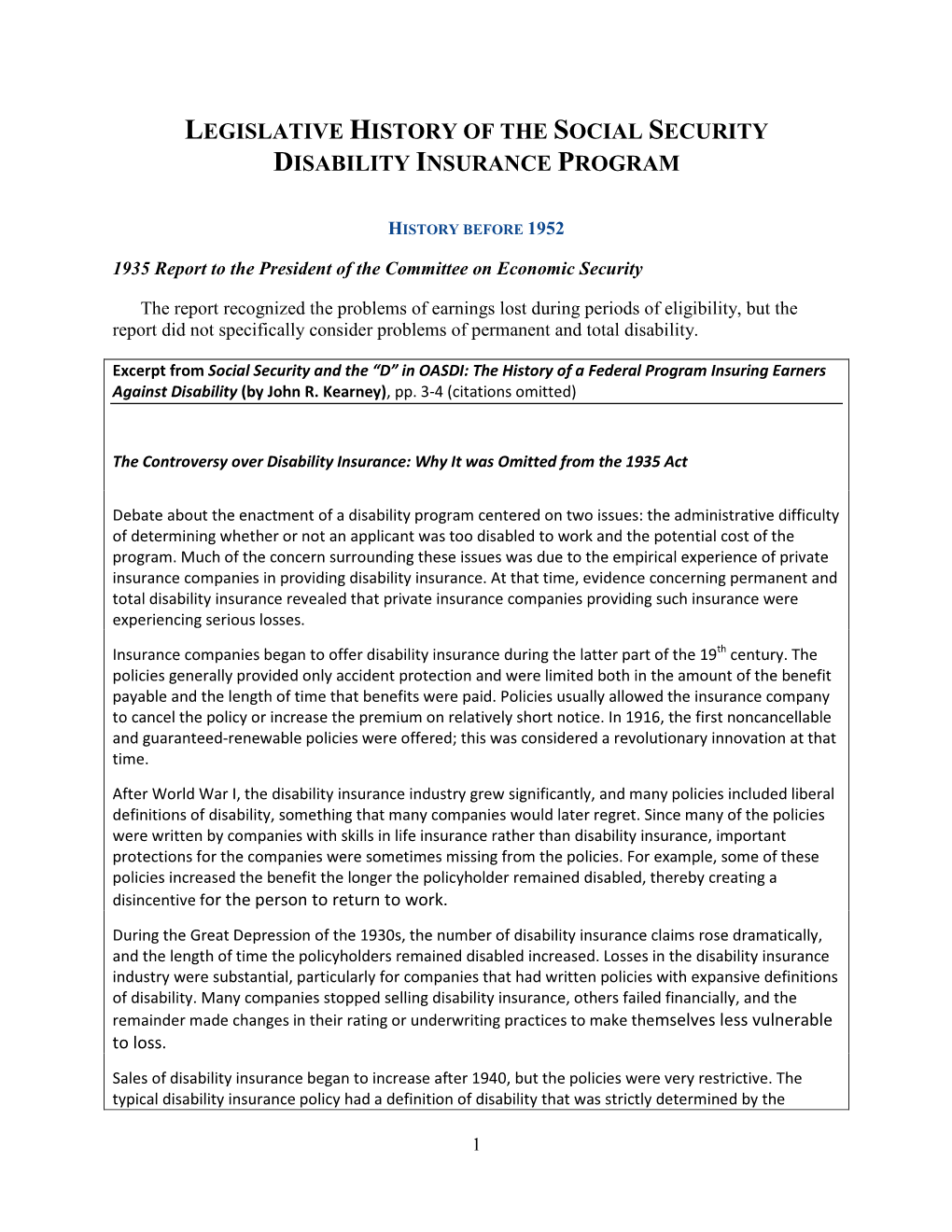 Legislative History of the Social Security Disability Insurance Program