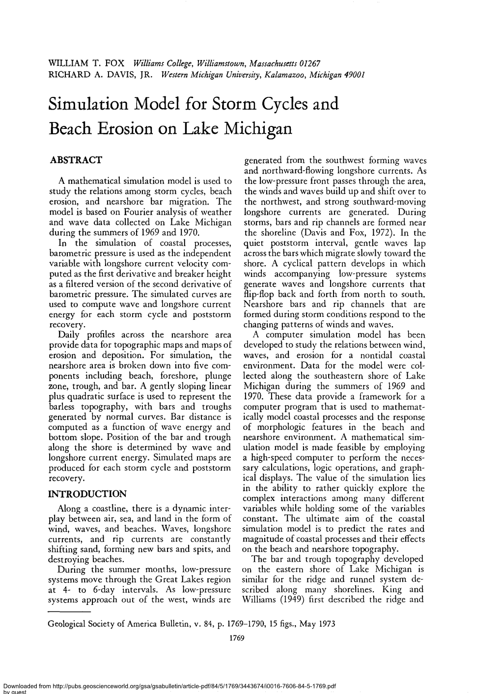 Simulation Model for Storm Cycles and Beach Erosion on Lake Michigan