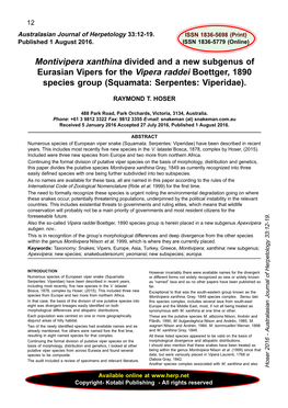 Montivipera Xanthina Divided and a New Subgenus of Eurasian Vipers for the Vipera Raddei Boettger, 1890 Species Group (Squamata: Serpentes: Viperidae)