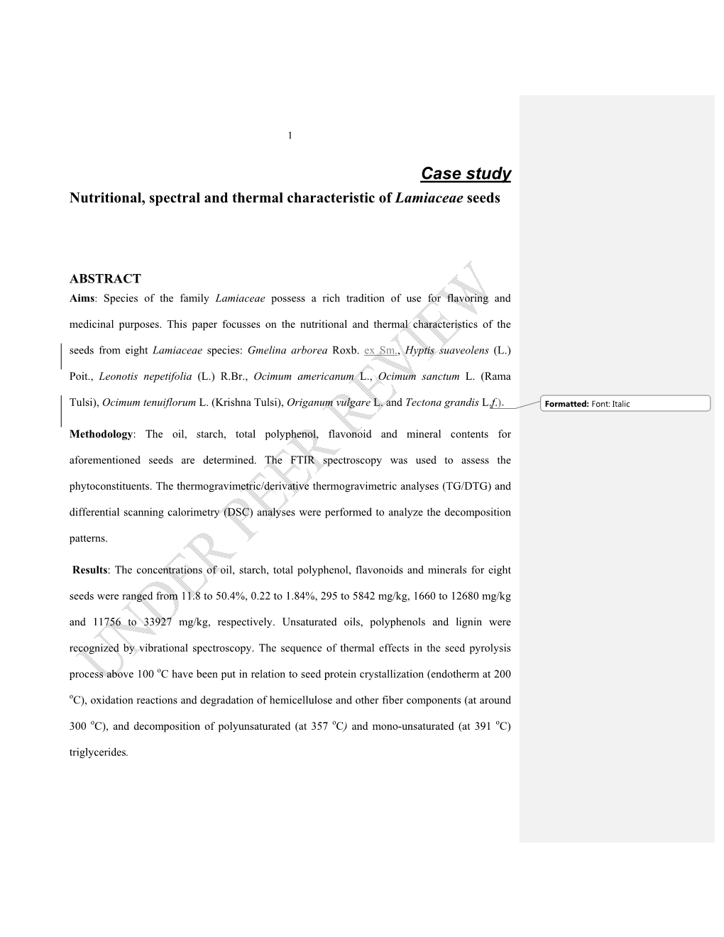 Case Study Nutritional, Spectral and Thermal Characteristic of Lamiaceae Seeds