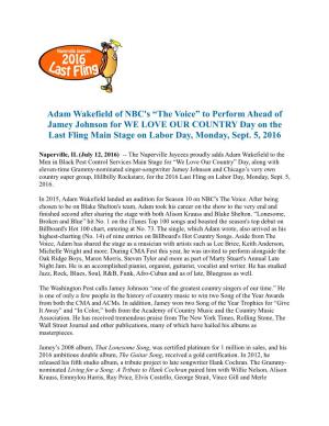 Adam Wakefield of NBC's “The Voice” to Perform Ahead of Jamey Johnson for WE LOVE OUR COUNTRY Day on the Last Fling Main Stage on Labor Day, Monday, Sept