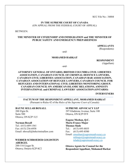 SCC File No.: 34884 in the SUPREME COURT of CANADA (ON APPEAL from the FEDERAL COURT of APPEAL) BETWEEN: the MINISTER of CITIZEN