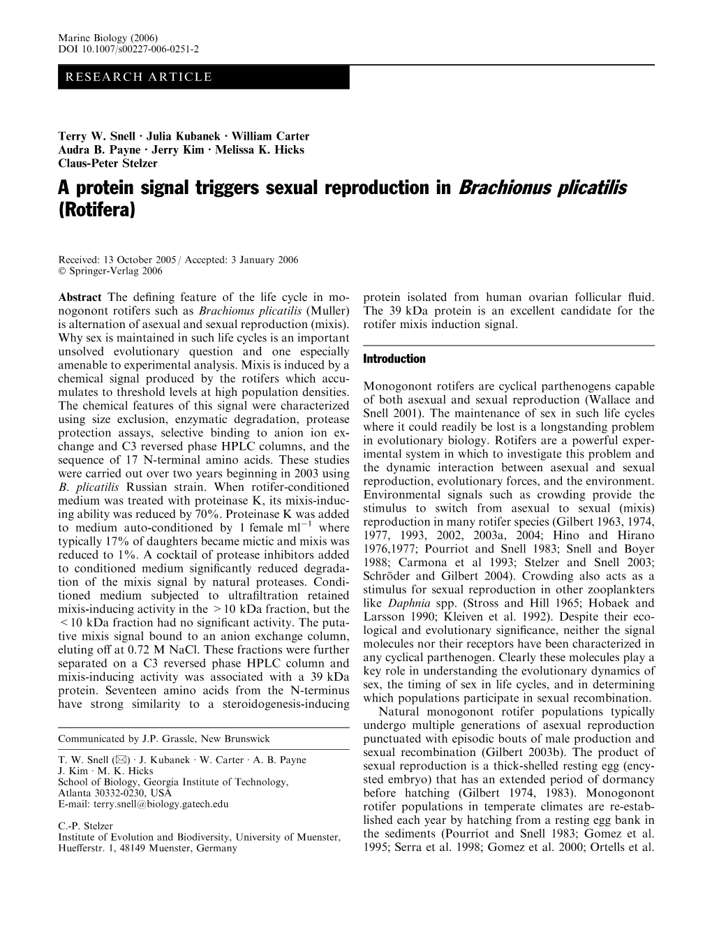 A Protein Signal Triggers Sexual Reproduction in Brachionus Plicatilis (Rotifera)