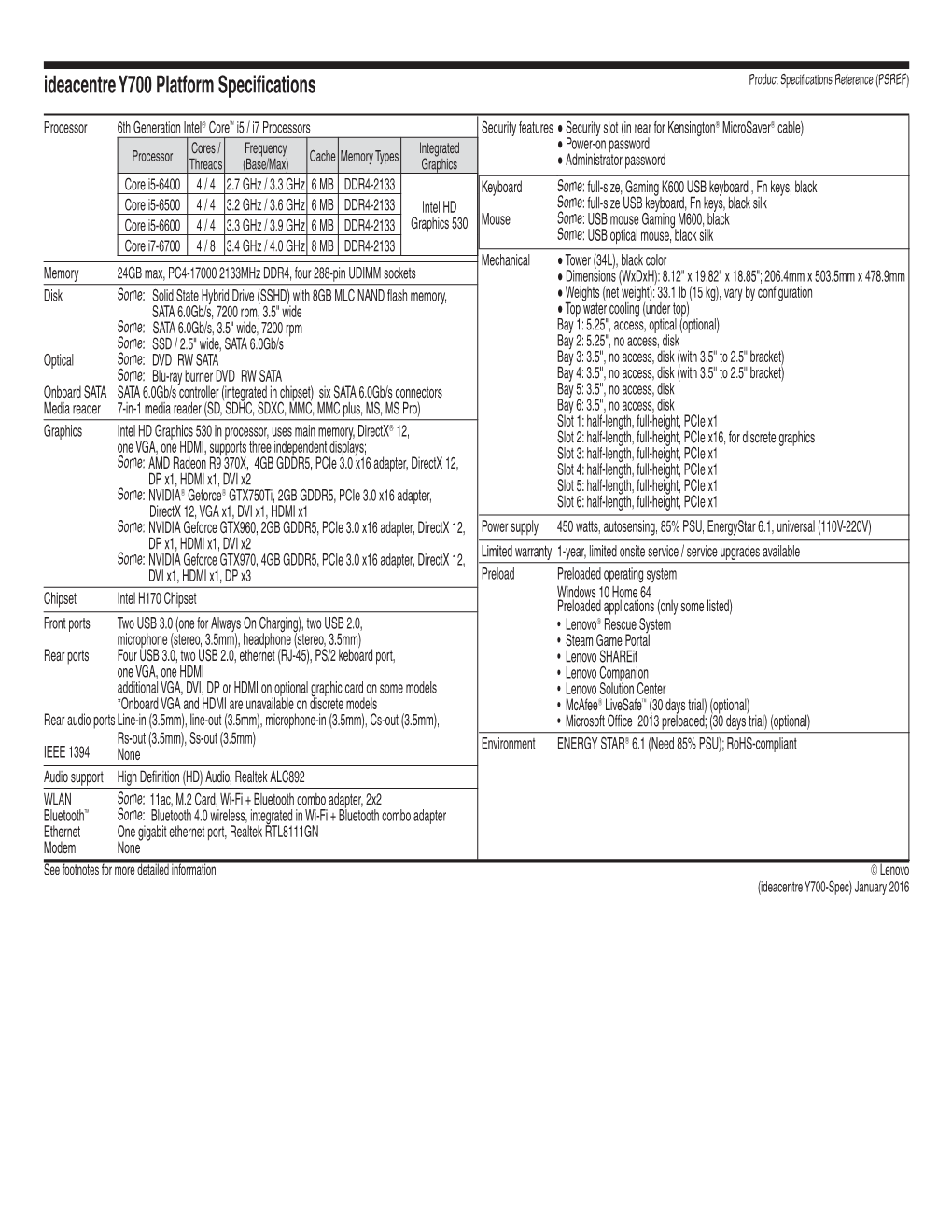 Ideacentre Y700 Platform Specifications