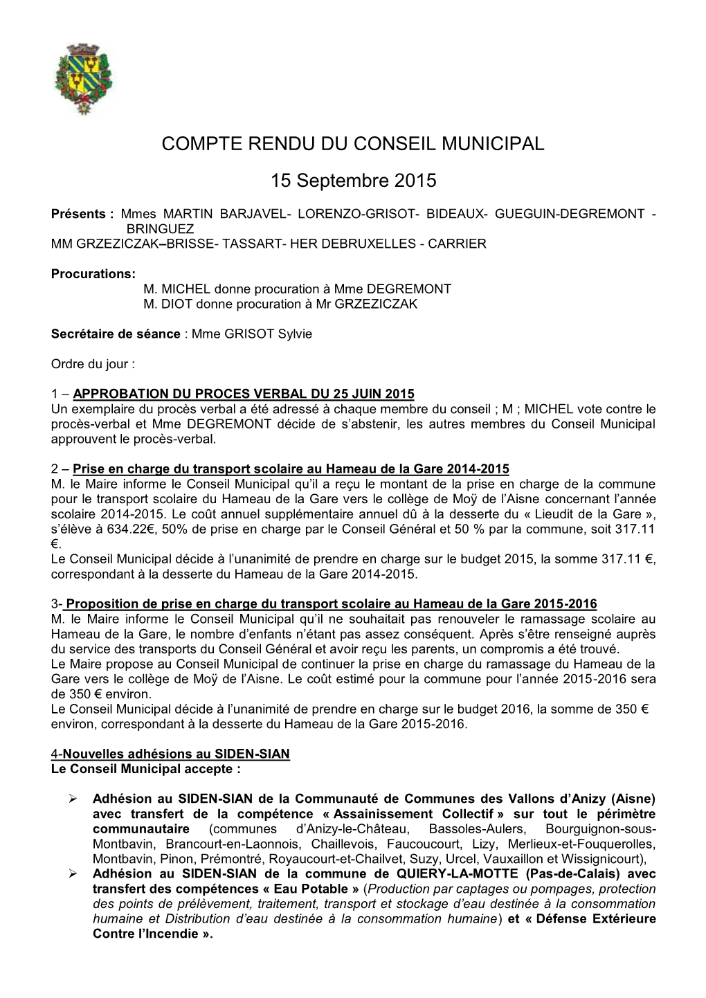 COMPTE RENDU DU CONSEIL MUNICIPAL 15 Septembre 2015