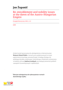 Jan Županič Re–Ennoblement and Nobility Issues at the Dawn of the Austro–Hungarian Empire